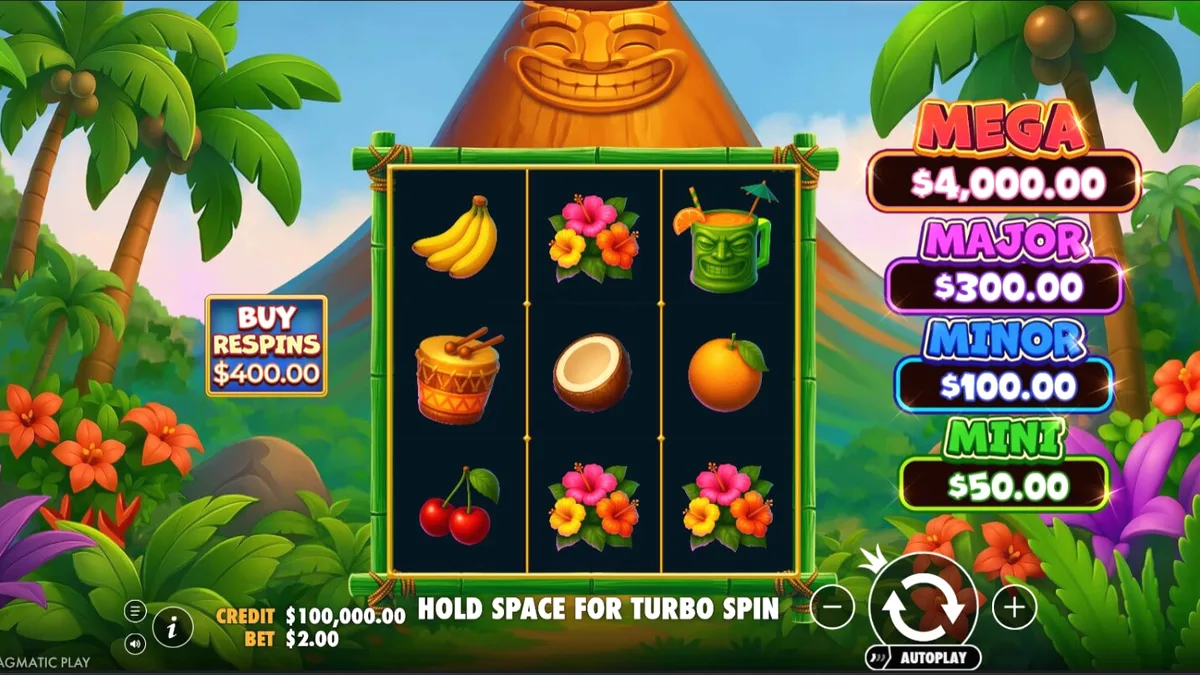 Captura de tela do jogo Super Tiki Strike da Pragmatic Play, mostrando a grade 3x3 com símbolos tropicais e um vulcão ao fundo, com destaque para a interface de apostas e o botão 'Comprar Respins'.